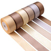 Roll of satin silk ribbon in various shades of beige and brown stacked on a surface