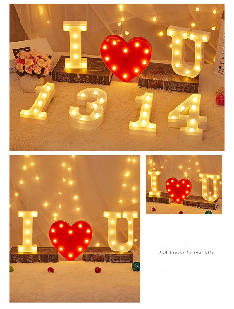 A display of warm white LED alphabet letter lights forming the number 314 and the letter U, arranged on a white fluffy surfac