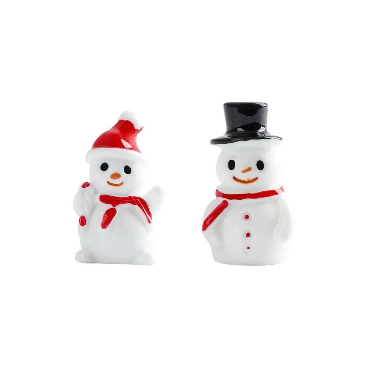 A small white resin snowman figurine wearing a red hat and scarf.