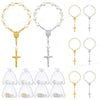 Assorted mini baptism rosary favors with cross necklaces and sachets