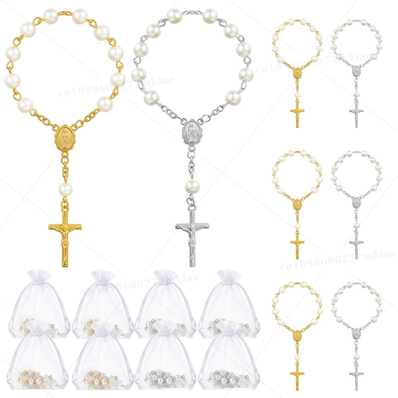 Assorted mini baptism rosary favors with cross necklaces and sachets