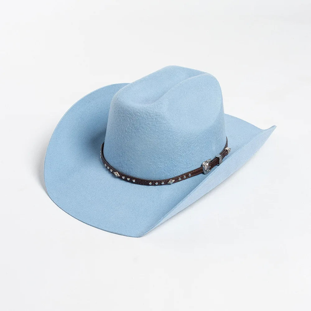 Light blue wool cowboy hat with a brown studded leather band