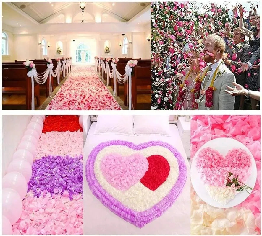Close-up of pink and red silk rose petals used for event decoration