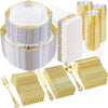 Set aus gold-weißem Kunststoff-Einweggeschirr inklusive Teller, Tassen und Besteck.