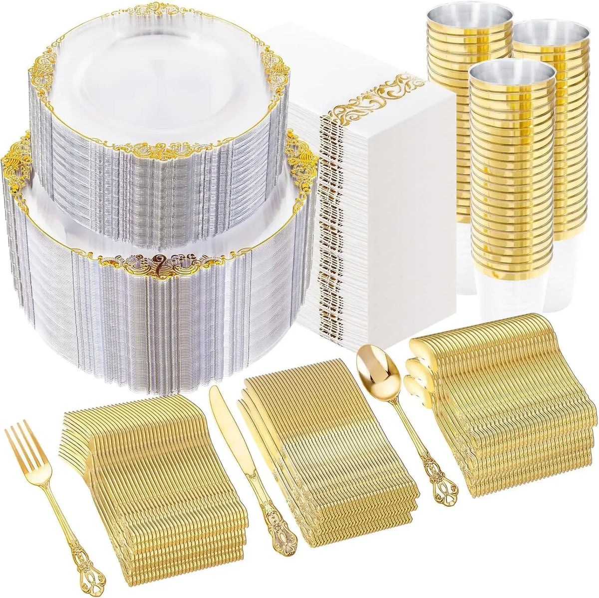Set aus gold-weißem Kunststoff-Einweggeschirr inklusive Teller, Tassen und Besteck.