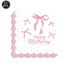 A set of pink bow themed birthday party supplies featuring a decorative ribbon bow and text.