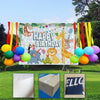 A colorful classroom door banner featuring jungle animals and balloons for back to school or party decor.
