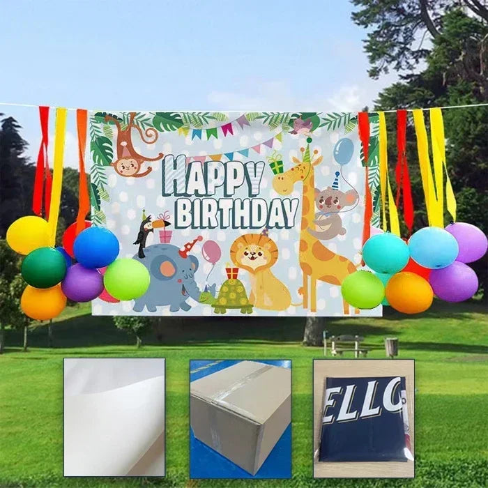 A colorful classroom door banner featuring jungle animals and balloons for back to school or party decor.