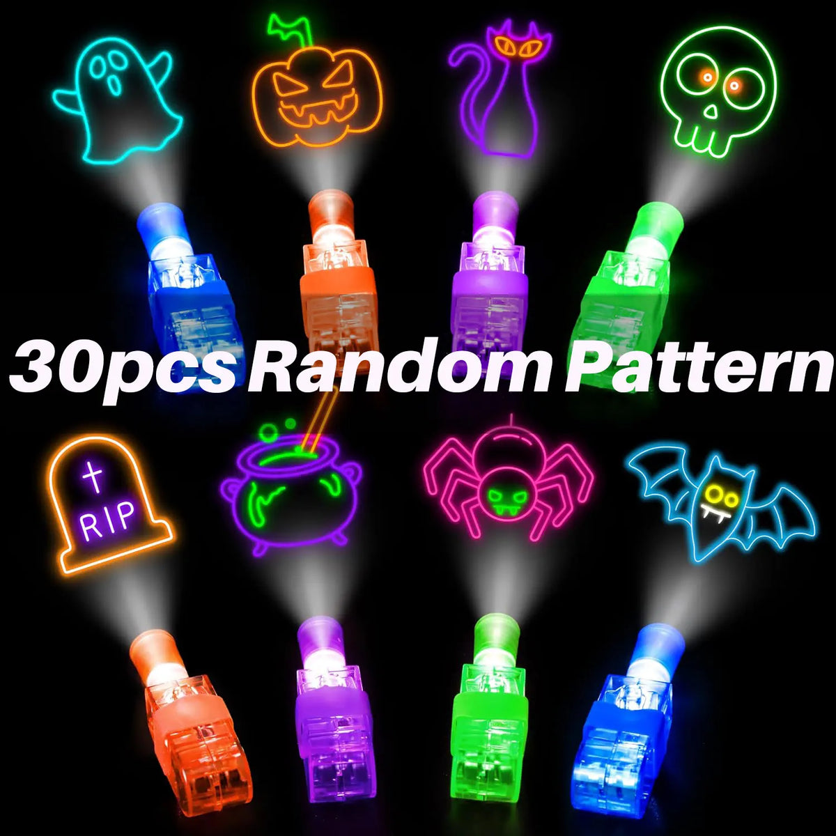 A collection of assorted Halloween LED finger projector lights featuring spooky designs like ghosts, pumpkins, skulls, and ba