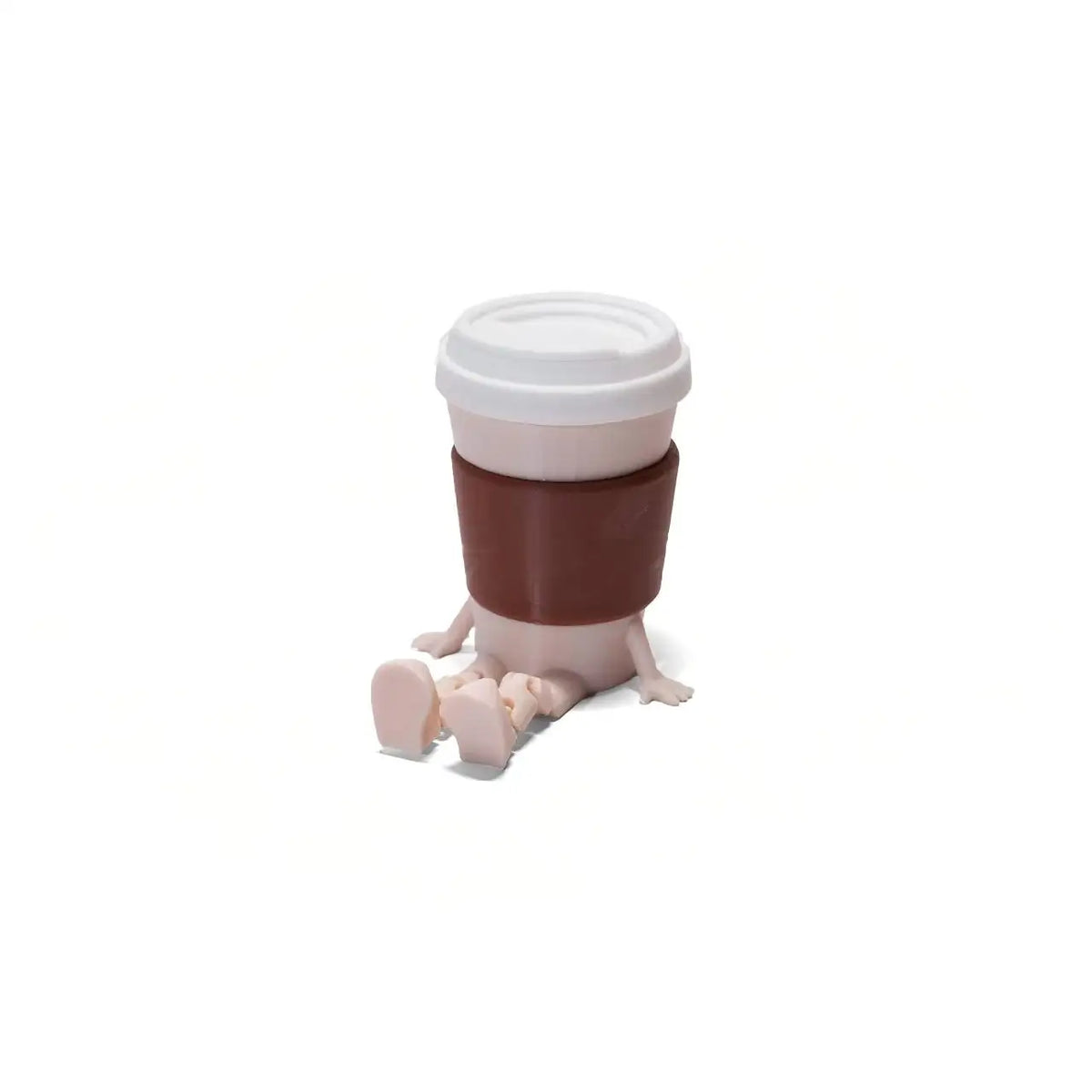 A 3D printed coffee bean cup figurine with articulated joints in brown and white colors.