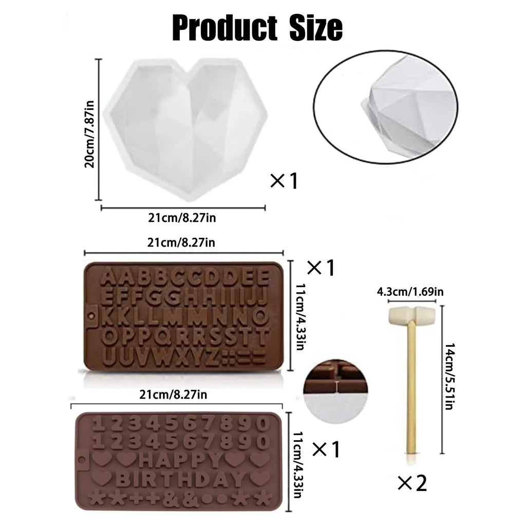 A set of heart-shaped silicone chocolate molds featuring letters, numbers, and birthday messages