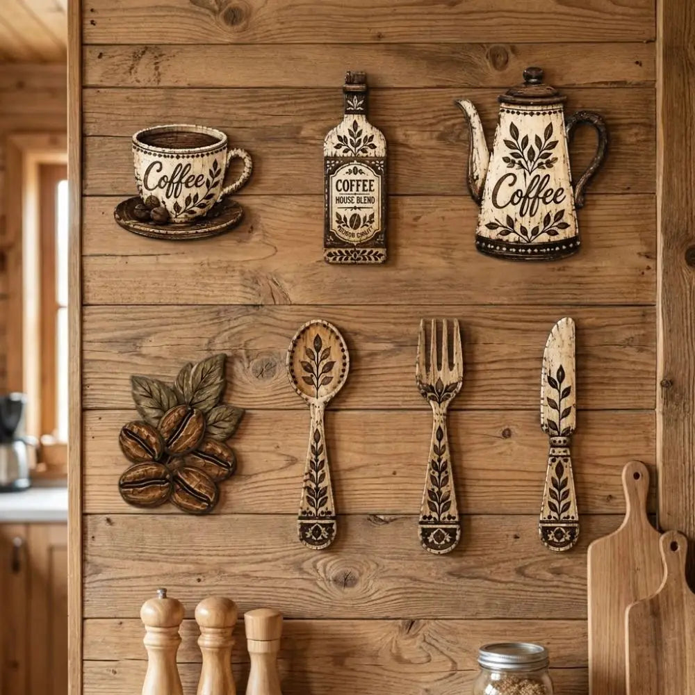 A wooden coffee utensil set featuring a pour-over, a teapot, a spoon, a fork, and a knife mounted on a wooden panel.