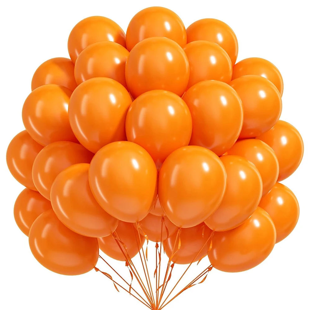 A cluster of round orange latex balloons tied together with a string.