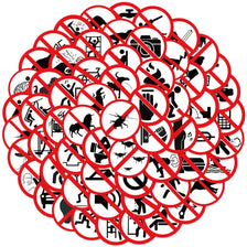 A circular pattern of red and black prohibition symbols on a white background.