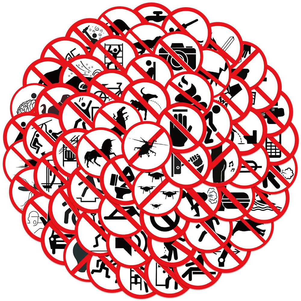 A circular pattern of red and black prohibition symbols on a white background.