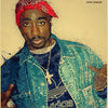 A portrait of Tupac Shakur wearing a red bandana and a blue denim jacket.