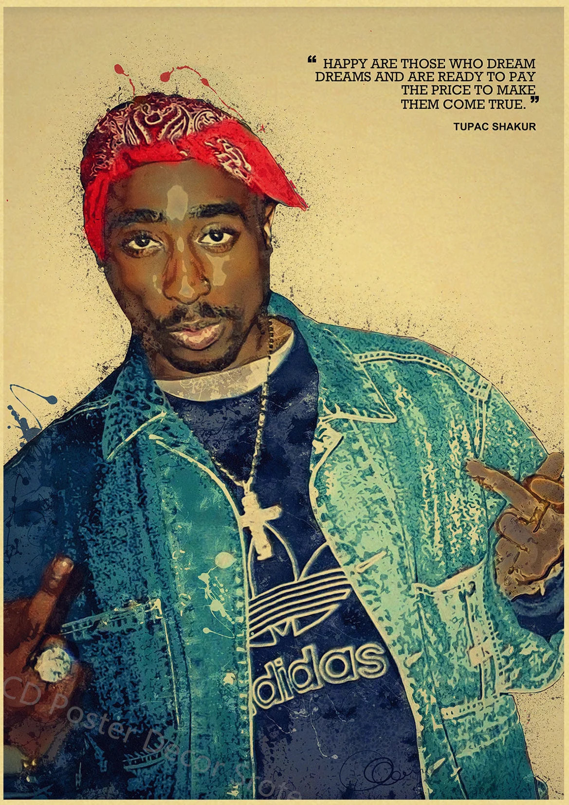 A portrait of Tupac Shakur wearing a red bandana and a blue denim jacket.