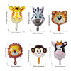 A set of foil balloons featuring cartoon animals like a giraffe, tiger, and monkey.