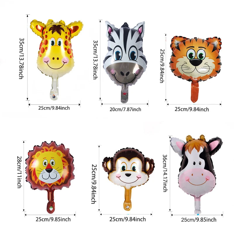 A set of foil balloons featuring cartoon animals like a giraffe, tiger, and monkey.