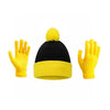 A set of festive knitted yellow gloves and a black beanie with a yellow pom-pom.