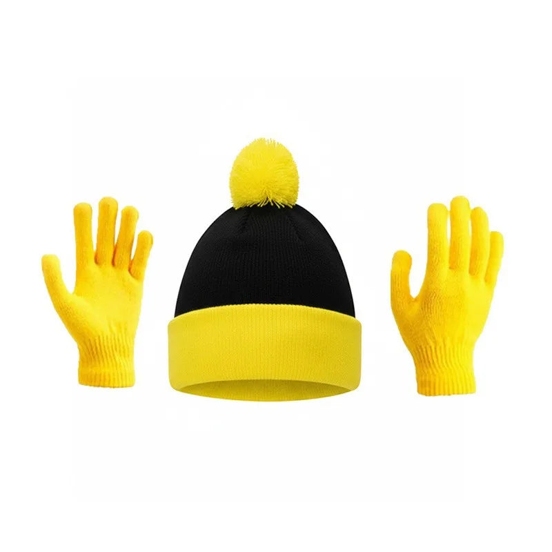 A set of festive knitted yellow gloves and a black beanie with a yellow pom-pom.