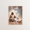 A painting depicting Jesus Christ and a child in a soft, warm light against a cloudy sky.