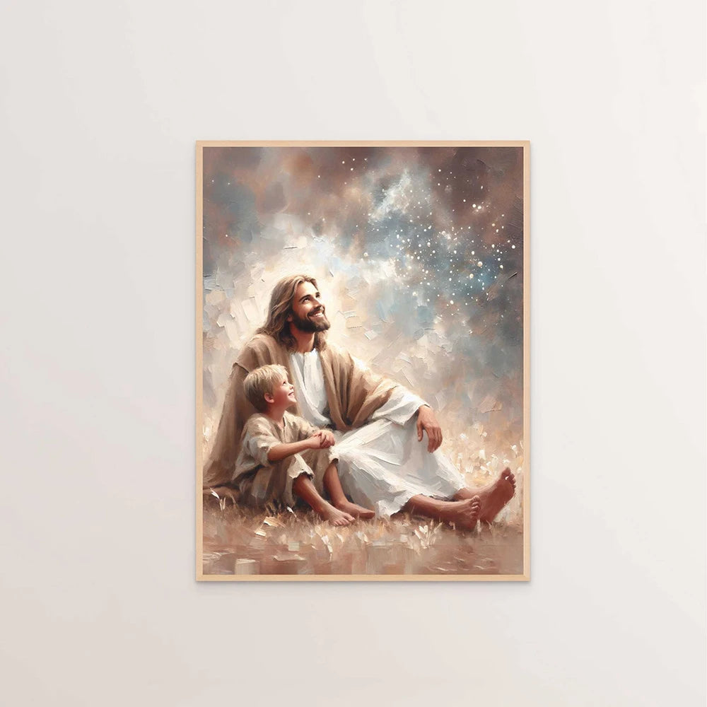 A painting depicting Jesus Christ and a child in a soft, warm light against a cloudy sky.