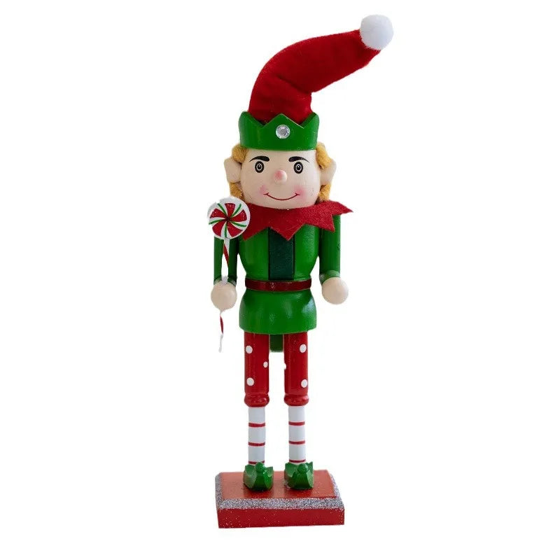 Handcrafted wooden nutcracker soldier figurine wearing a red hat and green uniform