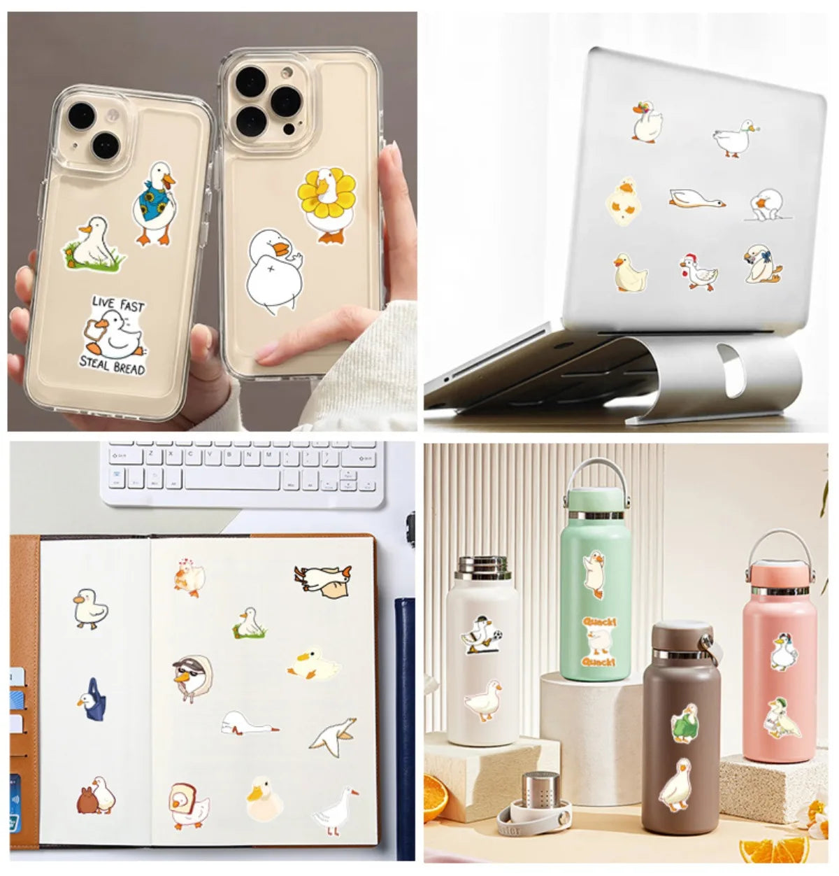 A collection of funny cartoon duck stickers and a matching water bottle set for DIY decor