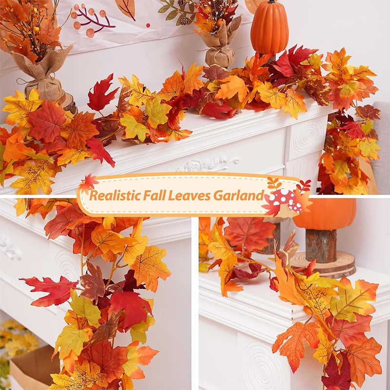 Realistic fall leaves garland featuring vibrant orange, red, and yellow maple leaves decorating a white mantelpiece.