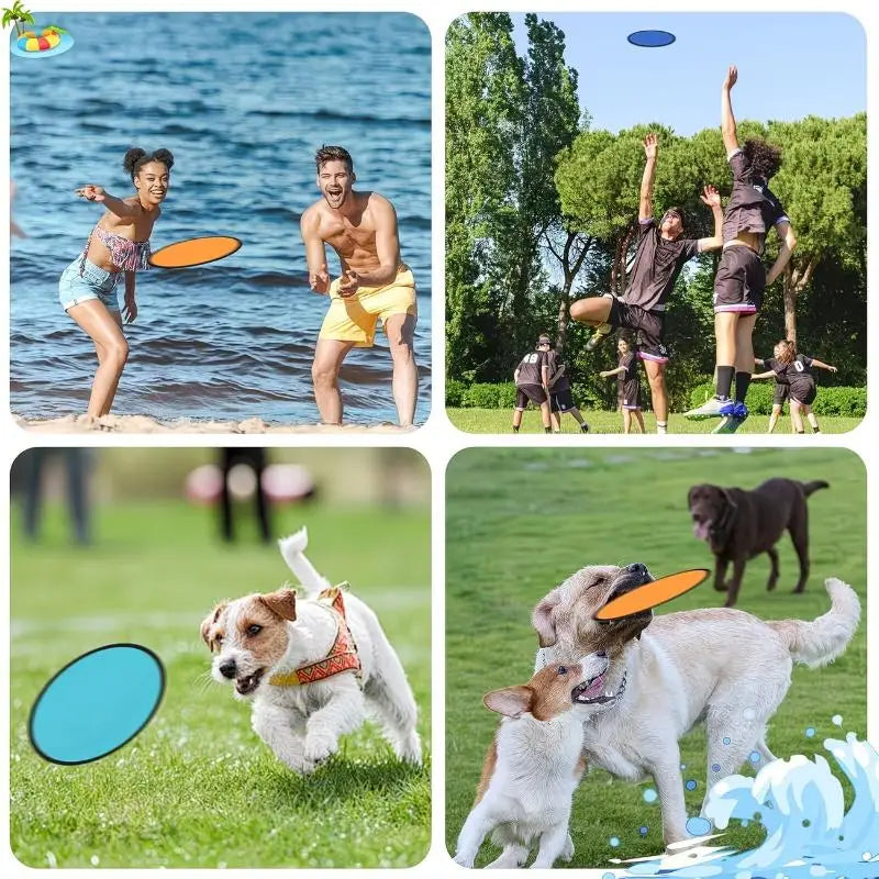 A collage showing people playing with foldable cooling fans and flying discs, including a man and women outdoors.