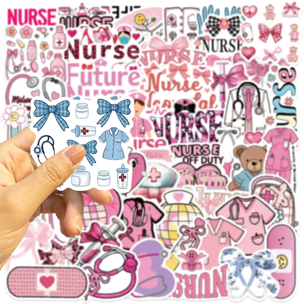 A colorful sticker pack featuring various nurse-themed graphics, including bows, medical symbols, and text.