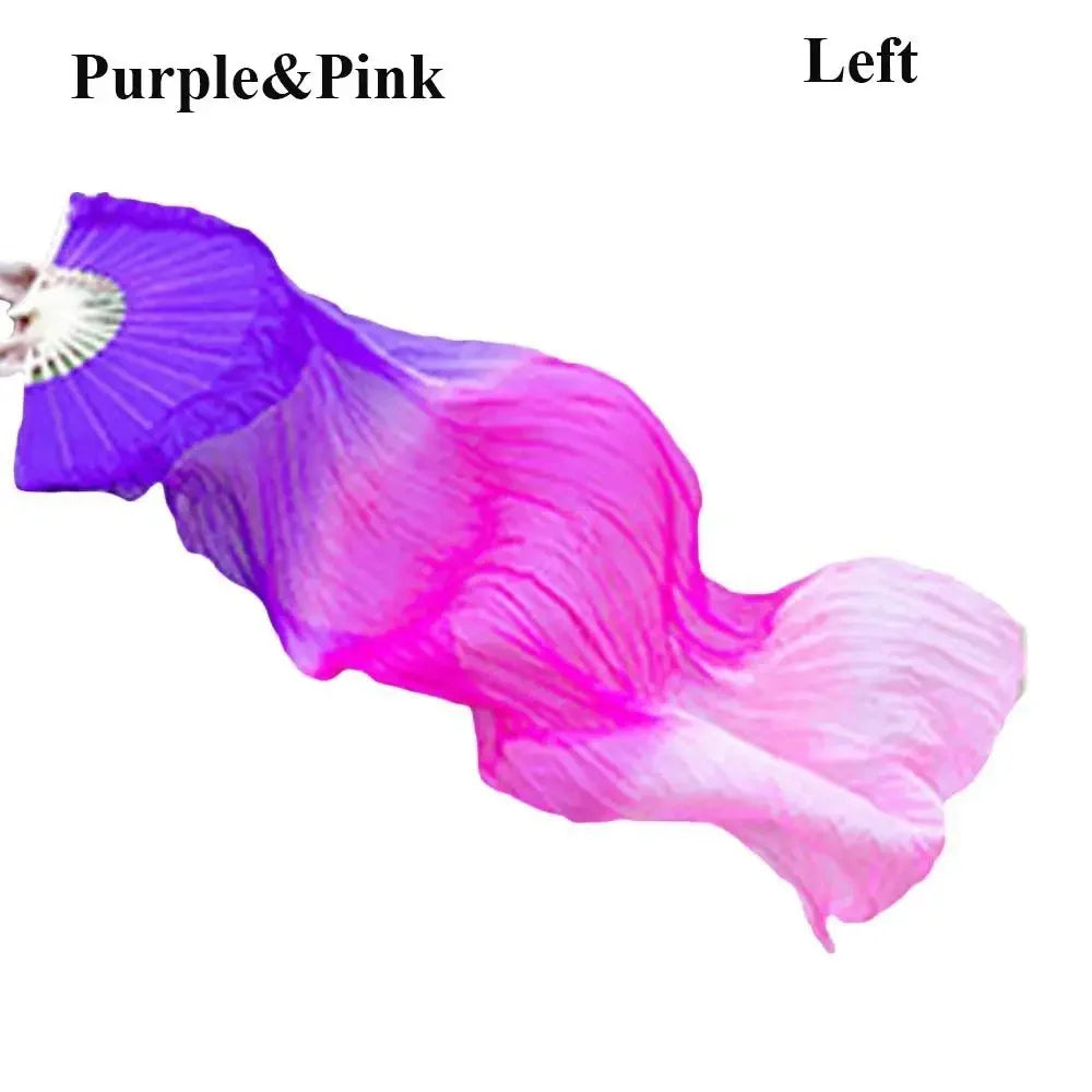 A purple and pink silk ribbon dance fan showing a gradient color transition.