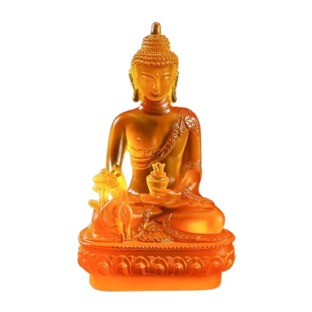 Handcrafted resin statue of Medicine Buddha in golden orange color
