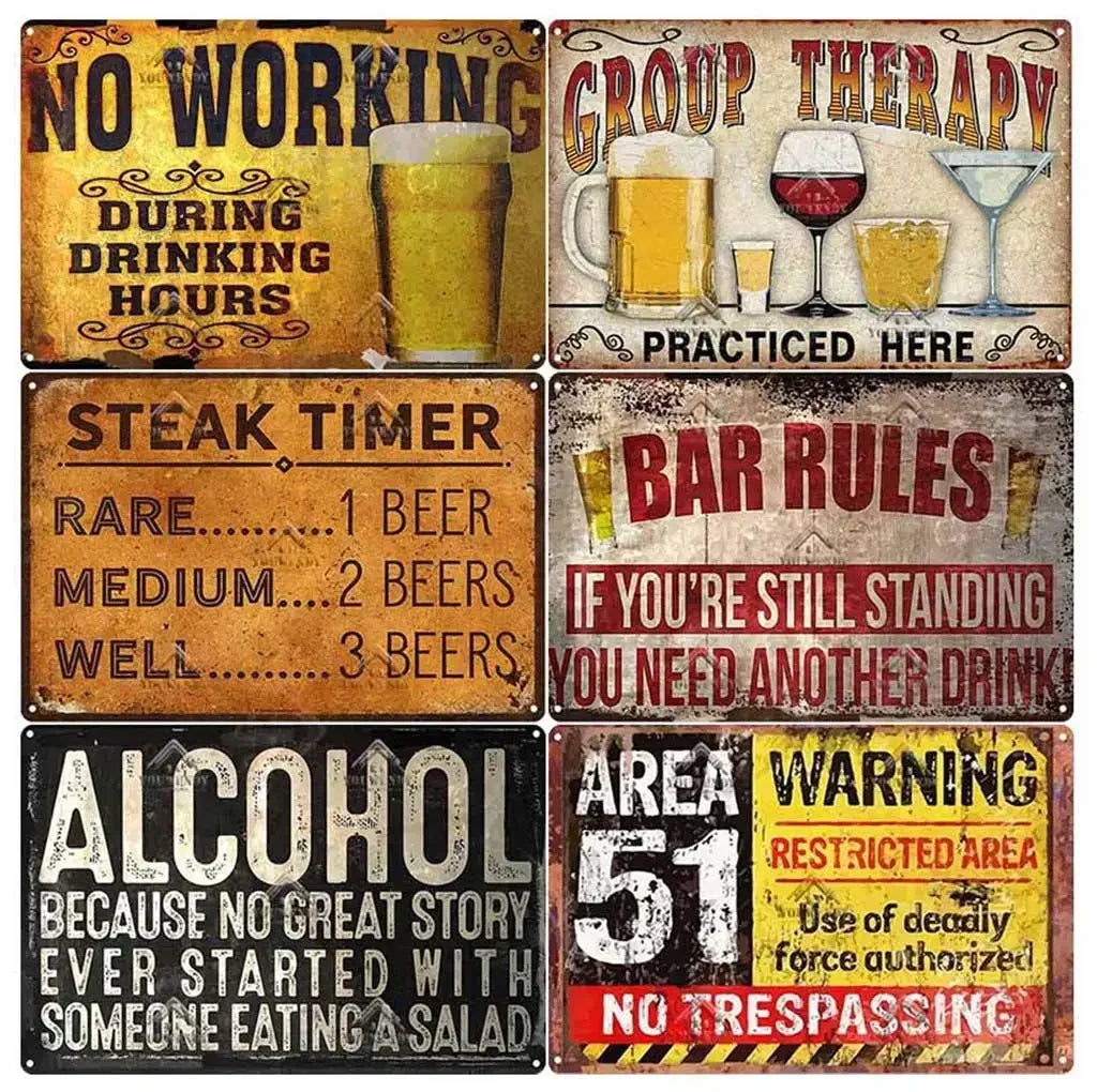 A collection of vintage metal bar signs featuring humorous rules and warnings for a bar setting.