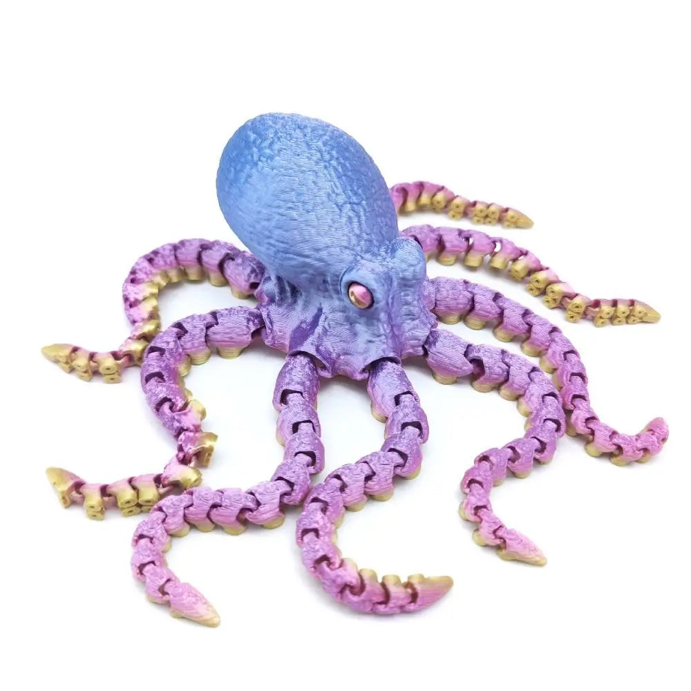 A purple and blue articulated 3D printed octopus figurine with textured tentacles.