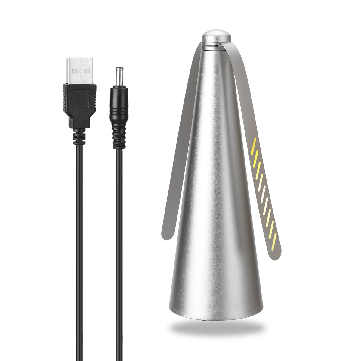A silver automatic electric fly repellent fan with a long cord and a light gray plug.