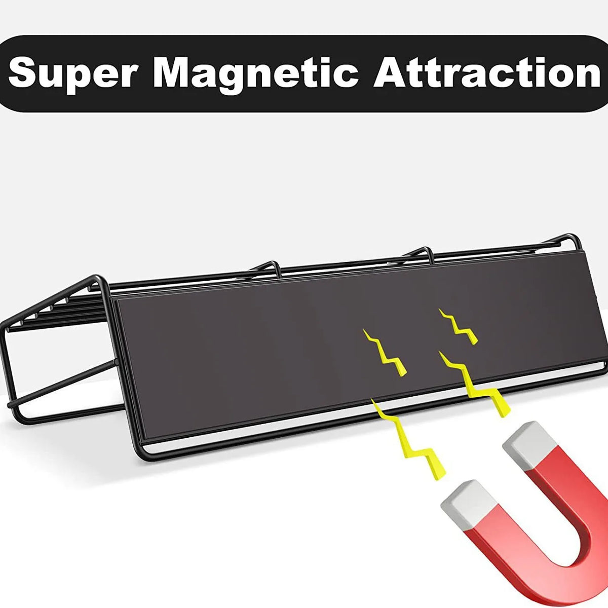 A black magnetic spice rack with yellow magnetic strips and a red magnetic hook shown against a white background.