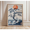 Vintage Japandi Tiger Cat canvas wall art featuring a silhouette of a tree and a bird against an orange sun background
