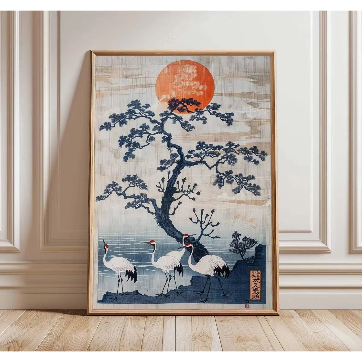 Vintage Japandi Tiger Cat canvas wall art featuring a silhouette of a tree and a bird against an orange sun background