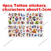 A set of four tattoo stickers featuring various cartoon characters and figures.