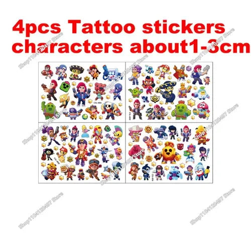 A set of four tattoo stickers featuring various cartoon characters and figures.