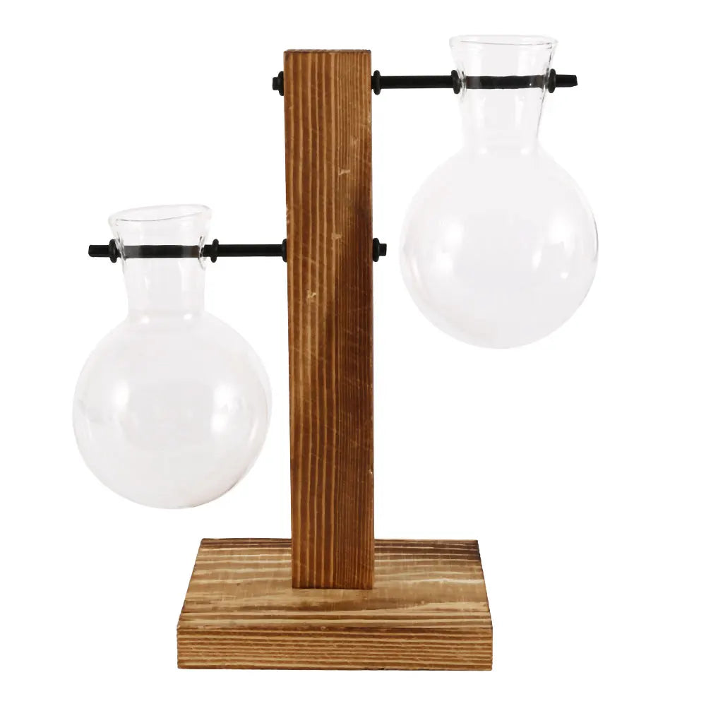 A clear glass bulb planter with a round base is mounted on a wooden stand for desk use.