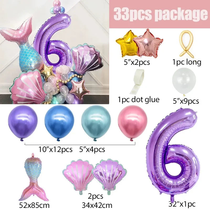 A 33 piece package of mermaid shell and number balloons including a large purple number six and various colored balloons for 