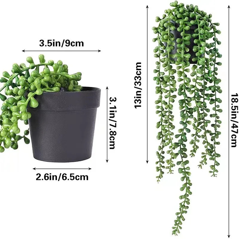 Artificial eucalyptus hanging plant in a dark pot with long green vines for home decor