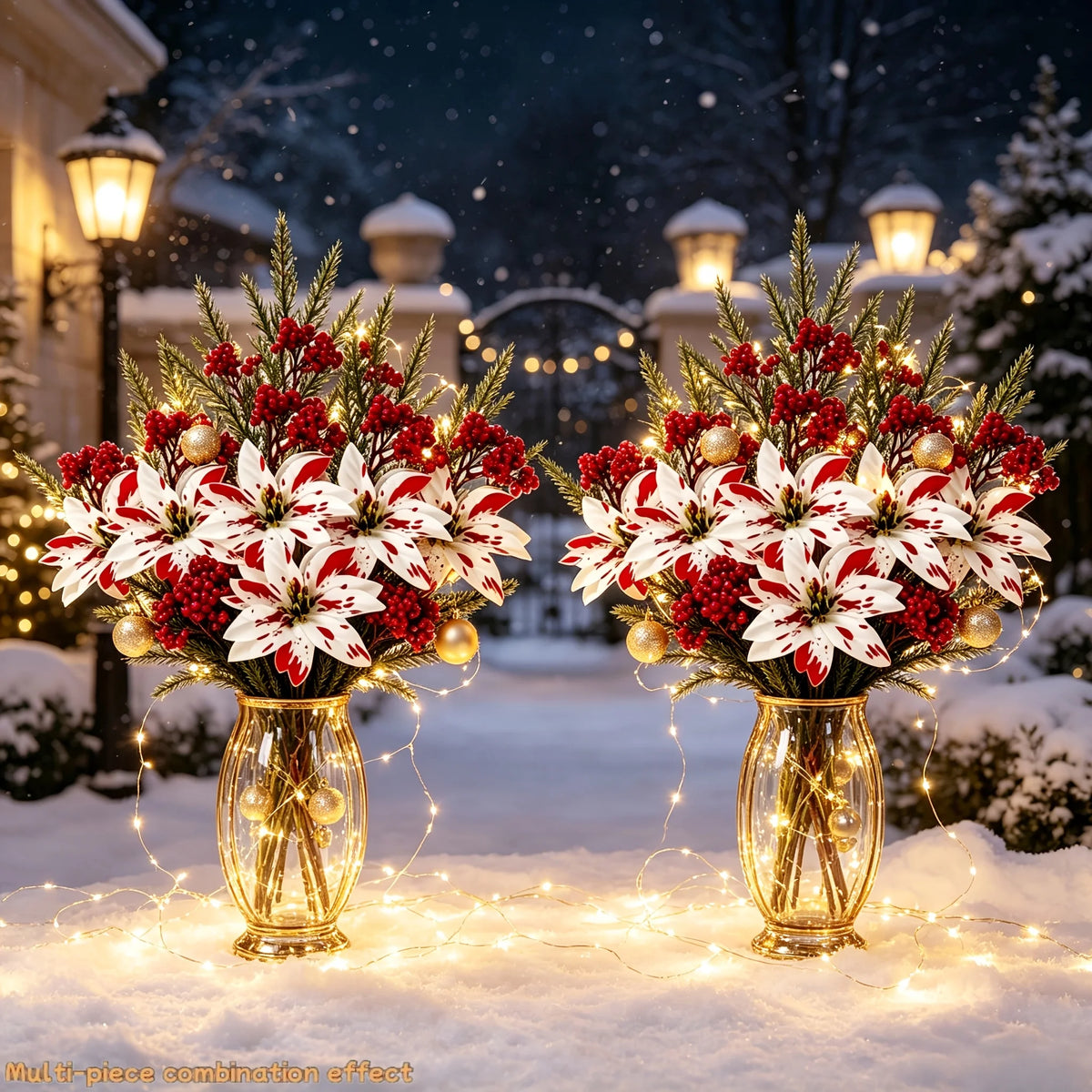 A multi-piece combination effect featuring two glass vases filled with festive red and white artificial flowers and illuminat