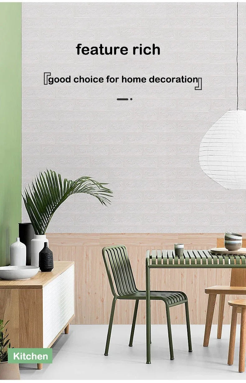 A modern kitchen setting featuring light wood cabinetry, a green chair, and white textured wall panels.