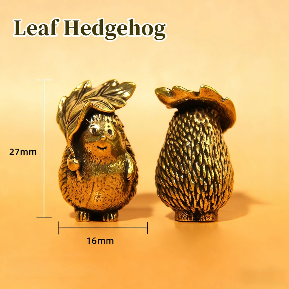 A small brass leaf hedgehog statue with textured body and leaves, shown against a light background.
