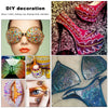 Close-up of various DIY decoration items including rhinestone-encrusted shoes, clothing, and glittery accessories.