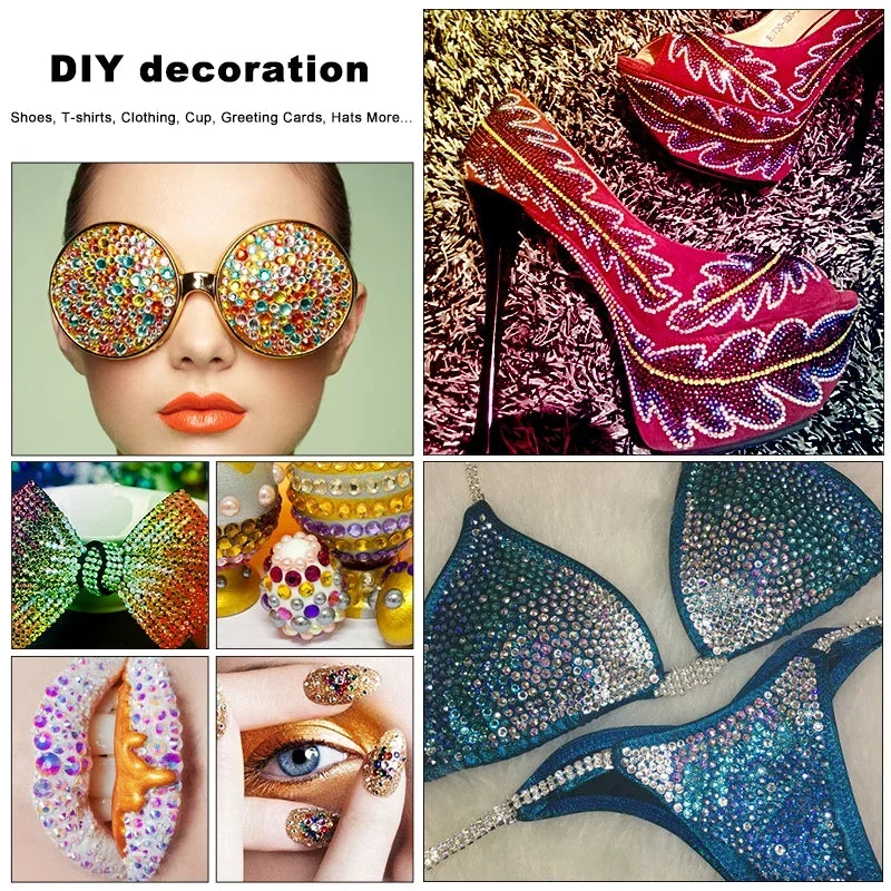 Close-up of various DIY decoration items including rhinestone-encrusted shoes, clothing, and glittery accessories.